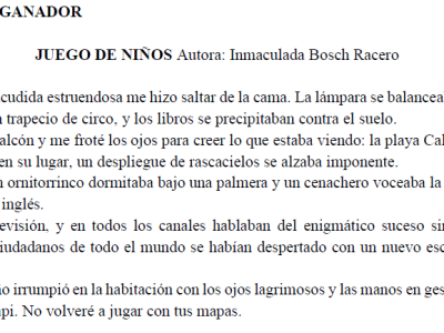 Inmaculada Bosch gana la V Edición del Concurso de Microrrelatos con el trabajo «JUEGO DE NIÑOS»